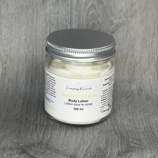 Sugared Lemon scented body lotion. 
Handmade in Canada
Eco-friendly packaging. Plant-based skin care. 