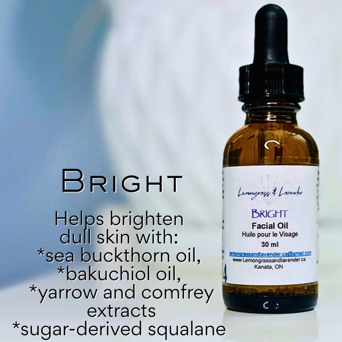 Bright Facial Oil
Helps brighten dull looking skin
Handmade in Kanata (Ottawa), ON, Canada
Made with plant-derived ingredients and eco-friendly packaging.