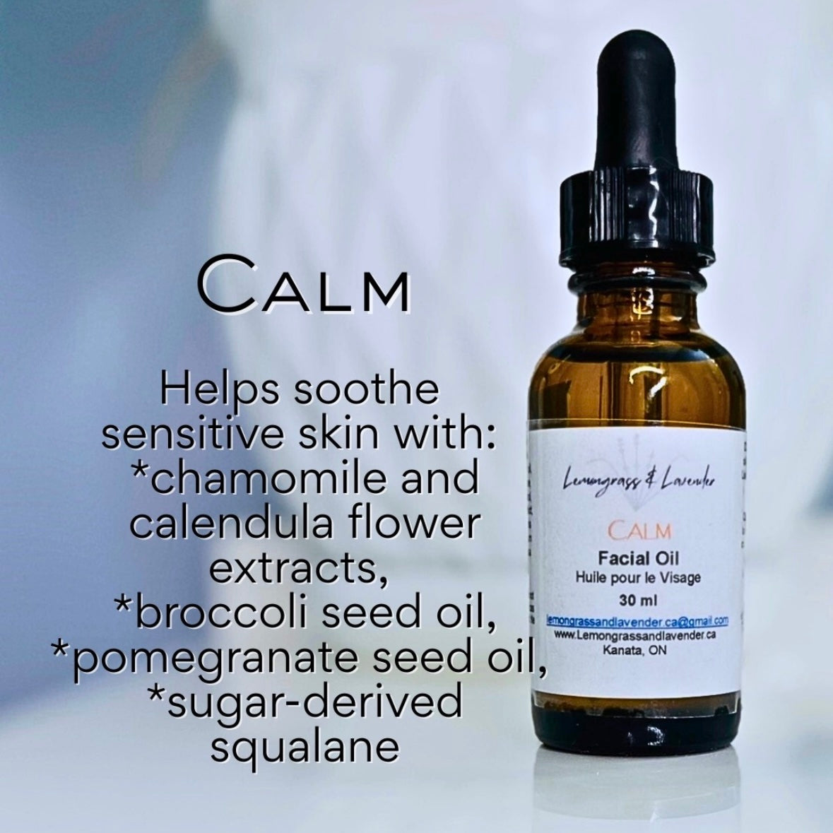 Calm Facial Oil
Helps soothe sensitive skin
Handmade in Kanata (Ottawa), ON, Canada
Made with plant-derived ingredients and eco-friendly packaging.