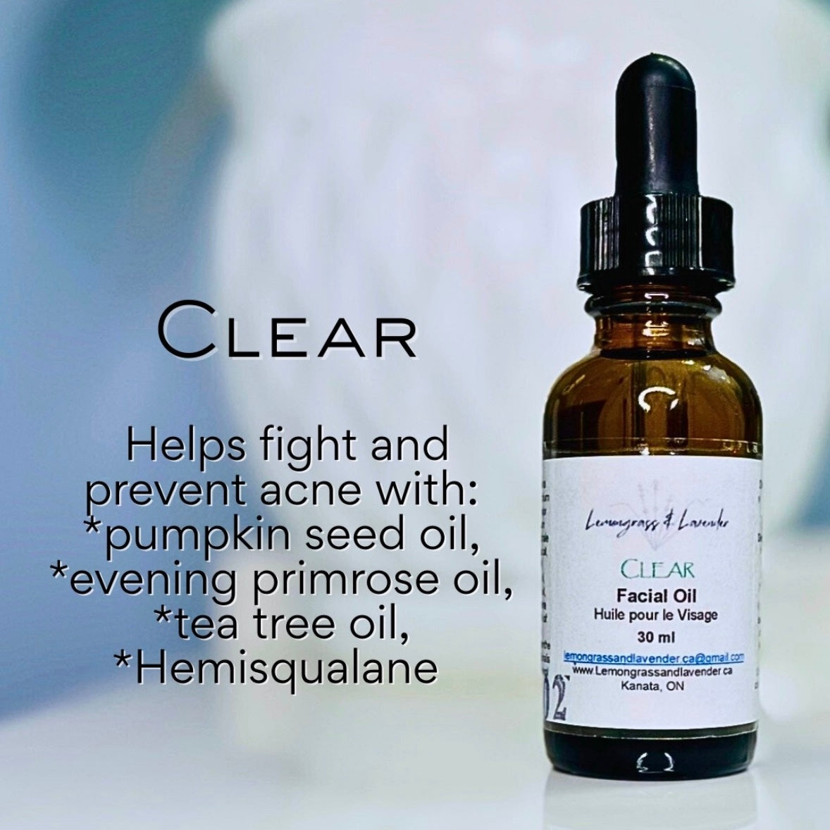 Clear Facial Oil
Helps fight and prevent acne.
Handmade in Kanata (Ottawa), ON, Canada
Made with plant-derived ingredients and eco-friendly packaging.