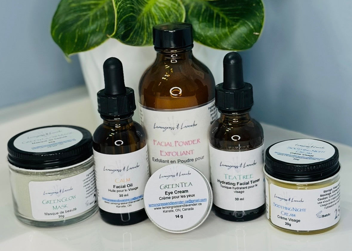 Plant-derived facial care products, including Green Glow Mask, Calm Facial Oil, Facial Powder Exfoliant, Green Tea Eye Cream, Tea Tree Hydrating Facial Toner, and Soothing Night Cream
